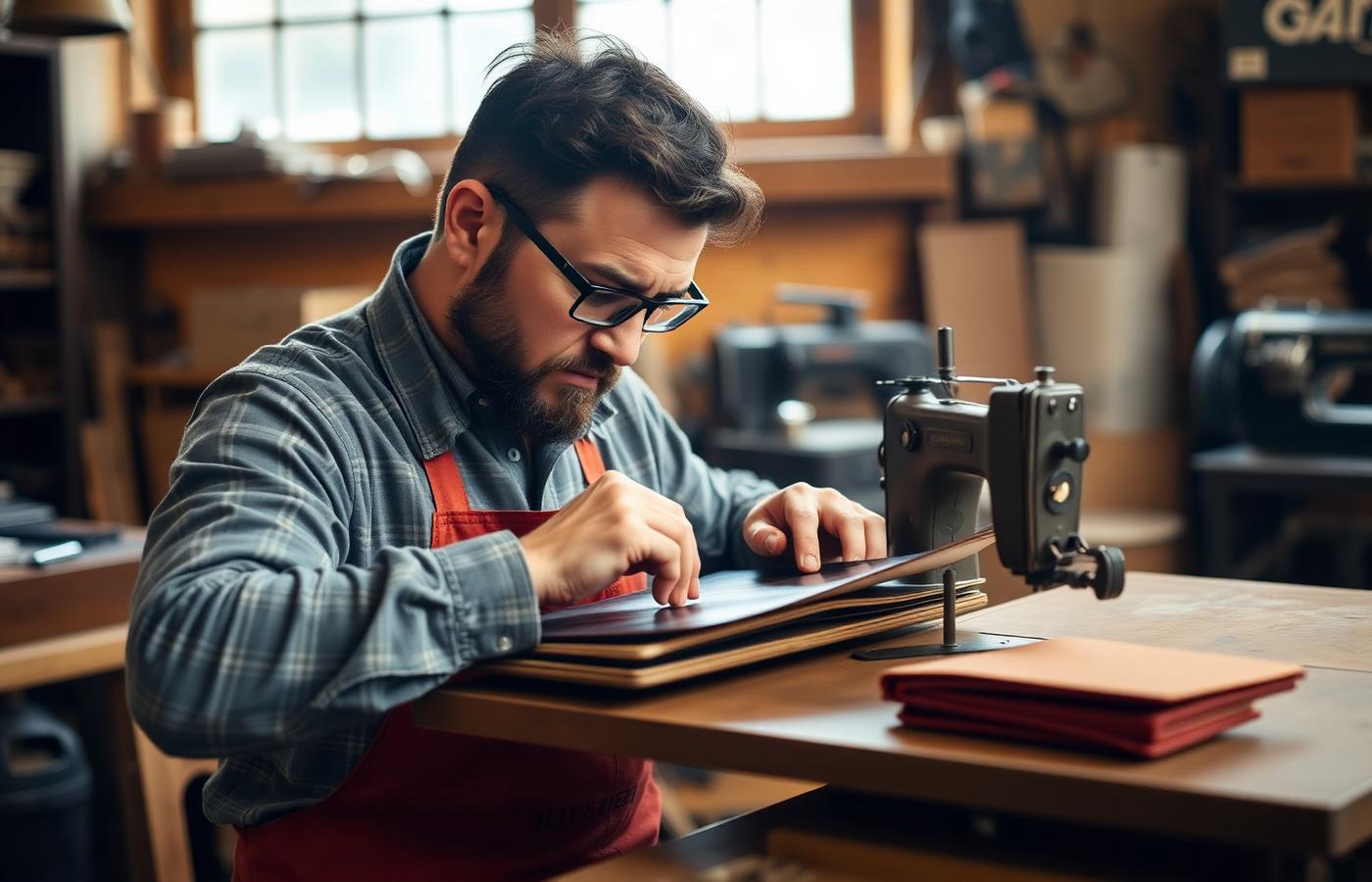 EAZCO craftsman stitching a portfolio