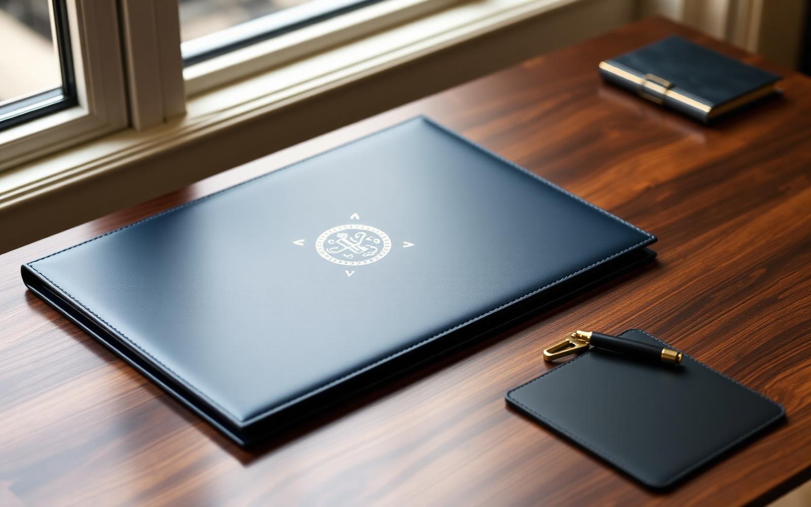Premium navy vinyl closing portfolio on walnut desk