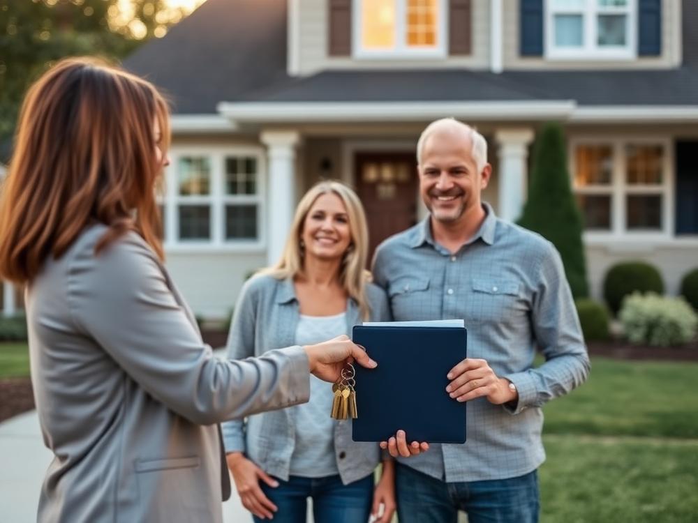 Real estate agent handing keys and portfolio